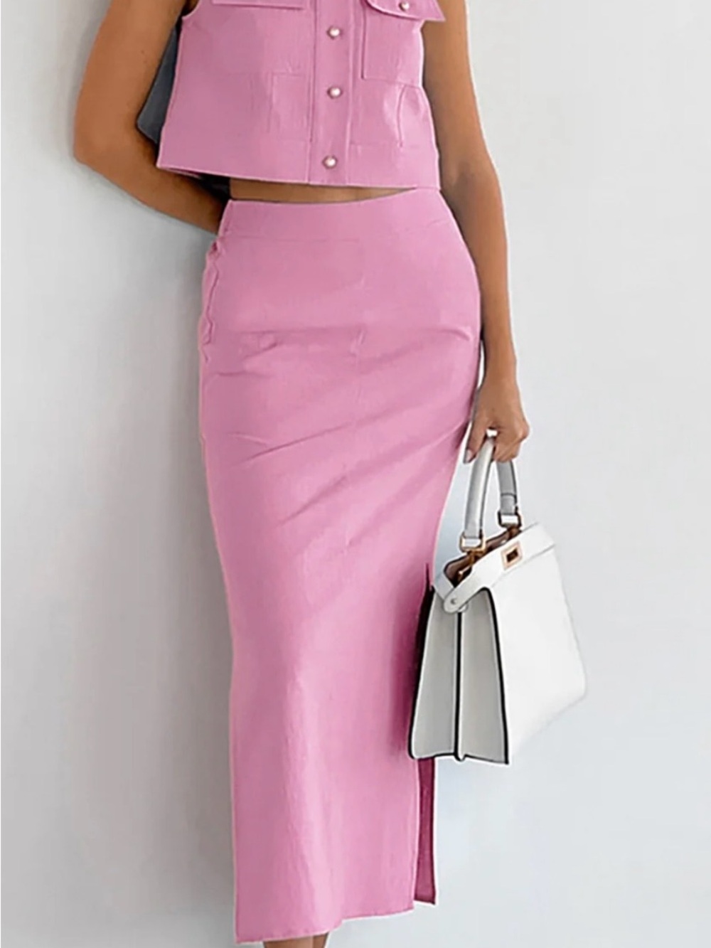 Commense Women's Split Pockets Sleeveless Pink Skirt Set